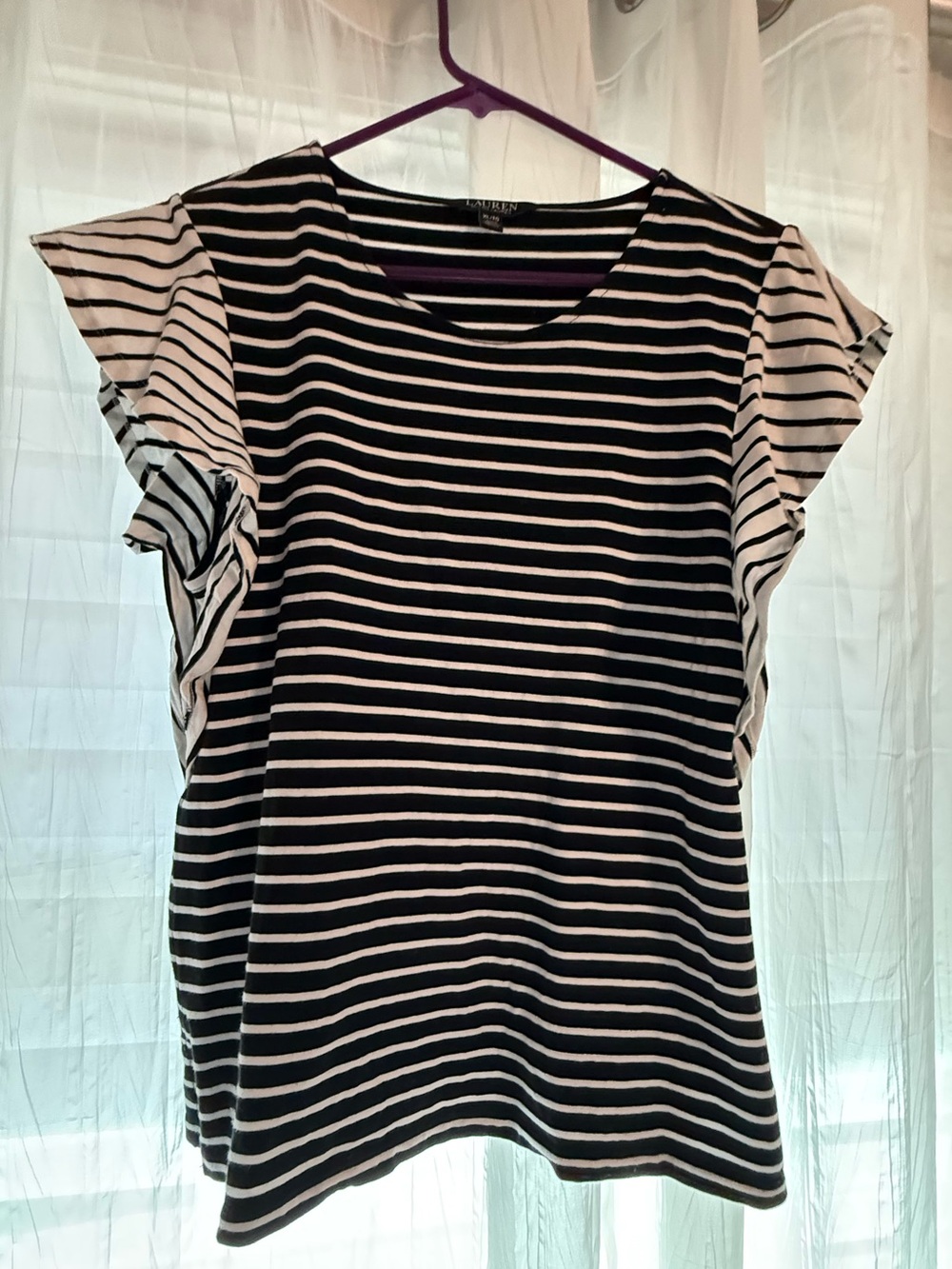 Ralph Lauren Black and White Striped Flutter Sleeve Tee